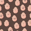 Vector seamless pattern with roly poly facial gestures. Brown seamless background with faces.