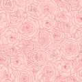 Vector seamless pattern with rose flowers outline on the pink background. Hand drawn floral repeat ornament