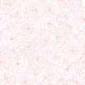 Vector seamless pattern with rose flowers pink outline on the white background. Hand drawn floral repeat ornament