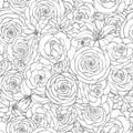 Vector seamless pattern with rose, lily, peony and chrysanthemum flowers line art on the white background.