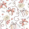 Vector pattern with roses and gifts for Valentine`s day.