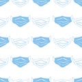 Vector seamless pattern with rows of face masks, respirators. Blue face mask and blue outlines. Covid-19 pattern