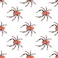 Vector seamless pattern of russet spiders in doodle flat style. Color background, texture of theme of halloween, phobias