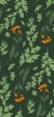 Vector seamless pattern with sagebrush and calendula flowers on stems with foliage on a green background. Botanical floral texture