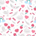 Vector seamless pattern with Saint ValentineÃ¢â¬â¢s day symbols. Repeating background with cute letter, rose, hearts, feathers, dove Royalty Free Stock Photo