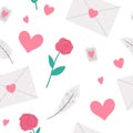 Vector seamless pattern with Saint ValentineÃ¢â¬â¢s day symbols. Repeating background with cute letter, rose, hearts, feathers. Royalty Free Stock Photo