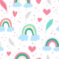 Vector seamless pattern with Saint ValentineÃ¢â¬â¢s day symbols. Repeating background with cute rainbows, hearts, feathers. Playful Royalty Free Stock Photo