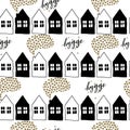 Vector seamless pattern of scandinavian houses with star clouds.Christmas hygge. black and white doodle. Nordic village