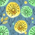 Vector seamless pattern in scandinavian style, abstract yellow and green watercolor dandelions on a blue background