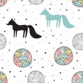 Vector seamless pattern in Scandinavian style. Black Fox. Cute background