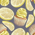 Vector of seamless pattern scattered lemons, crumbly gentle wet biscuit cupcakes, stunning cream soft air cheese cream