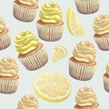 Vector of seamless pattern scattered lemons, crumbly gentle wet biscuit cupcakes, stunning cream soft air cheese cream