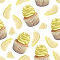 Vector of seamless pattern scattered lemons, crumbly gentle wet biscuit cupcakes, stunning cream soft air cheese cream