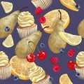 Vector of seamless pattern scattered oranges, cherry, blueberry, raspberry, lemons, pears, crumbly gentle biscuit Royalty Free Stock Photo