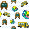 Vector seamless pattern with school bus, chalkboard and backbag