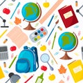 Vector seamless pattern with school supplies. Globe, Backpack, pencils, pens, Paper clips Royalty Free Stock Photo
