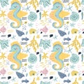 Vector seamless pattern with sea fauna. Background with starfish, sea horse, jellyfish, fish, crab, shell, nautilus. Abstract Royalty Free Stock Photo