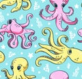 Vector seamless pattern of sea life, octopus and sea plants in bright colors. Beautiful seamless pattern.