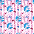 Vector hand drawn seamless pattern. Sea plants and sea stars. Blue and red colors on white backdrop.