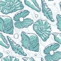 Vector seamless pattern sea shells and pearls different shapes. Clamshells monochrome turquoise outline sketch