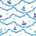 Vector seamless pattern of sea waves and boats Royalty Free Stock Photo