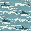 Vector seamless pattern with sea waves and sharks Royalty Free Stock Photo