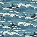 Vector seamless pattern with sea waves and sharks Royalty Free Stock Photo