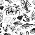 VEctor seamless pattern of seafood.Lobster, crab, salmon, caviar, squid, shrimp and clams. Hand drawn engraved icons. Royalty Free Stock Photo