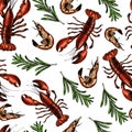 Vector seamless pattern of seafood.Lobster, shrimp and rosemary branch. Hand drawn engraved icons. Colored objects. Royalty Free Stock Photo