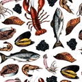 Vector seamless pattern of seafood.Lobster, squid, salmon, caviar, fillet, shrimp and oyster. Hand drawn colored icons. Delicious Royalty Free Stock Photo
