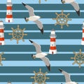 Vector seamless pattern with seagulls flying on the background of strips, lighthouses, handwheels. Pattern for fabrics, children s Royalty Free Stock Photo