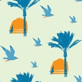 Summer seamless pattern with sun palms and surfers