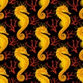 Vector Seamless Pattern with Seahorse and Coral