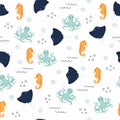 Vector seamless pattern with seahorse, octopus, devilfish.Underwater cartoon creatures.Marine background.Cute ocean