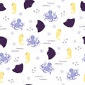 Vector seamless pattern with seahorse, octopus, devilfish.Underwater cartoon creatures.Marine background.Cute ocean