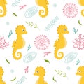 Vector seamless pattern with seahorses and fantasy plants in a flat style on a white background Royalty Free Stock Photo