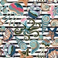 Vector seamless pattern of seashells on striped background. Hand drawn vintage engraved illustration of ocean underwater Royalty Free Stock Photo