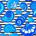 Vector seamless pattern of seashells on striped background. Hand drawn vintage engraved illustration of ocean underwater Royalty Free Stock Photo