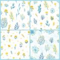 Vector seamless pattern set with field plants in yellow and blue colors on white background.