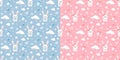 Vector seamless pattern set with rabbit, clouds, stars, dummy, baby bottles on blue and pink background for boy and girl