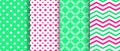 Vector seamless pattern set. Spring repeated texture. Geometric backgrounds collection. Green, pink. Cute wallpapers, wrapping pap