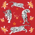 Vector seamless pattern of several beautiful tigers on a red background