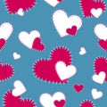 Vector seamless pattern sewn with red and white hearts on a blue-gray background. Scrapbooking paper. St. Valentine`s Day. Royalty Free Stock Photo