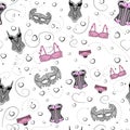 Vector seamless pattern sexy lace underwear hearts illustration set for cards. Isolated on white background.