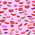 Vector seamless pattern of sexy woman lips, smiling and kissing. Variety of cute women lips with different colors isolated on pink