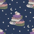 Vector seamless pattern with sheep lying on a stack of pillows in night sky.