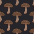 Vector Seamless Pattern with Shiitake Mushroom on Black. Seamless Texture, Hand Drawn Cartoon Shiitake Mushrooms. Design