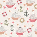 Vector seamless pattern with ship, anchor, lifebuoy.Underwater cartoon creatures.Marine background.Cute ocean pattern Royalty Free Stock Photo