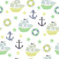 Vector seamless pattern with ship, anchor, lifebuoy.Underwater cartoon creatures.Marine background.Cute ocean pattern Royalty Free Stock Photo