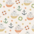 Vector seamless pattern with ship, anchor, lifebuoy.Underwater cartoon creatures.Marine background.Cute ocean pattern Royalty Free Stock Photo